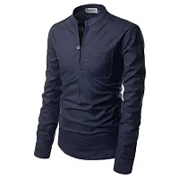 Men's Navy Blue Cotton Solid Long Sleeves Slim Fit Casual Shirt-thumb2