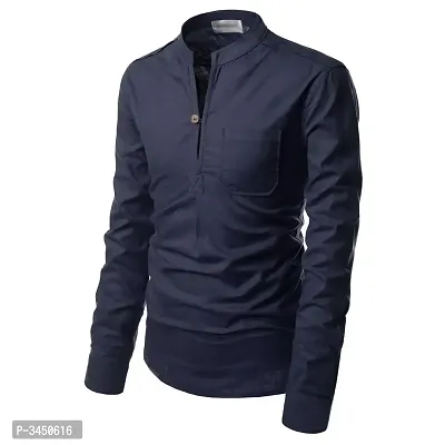 Men's Navy Blue Cotton Solid Long Sleeves Slim Fit Casual Shirt-thumb3