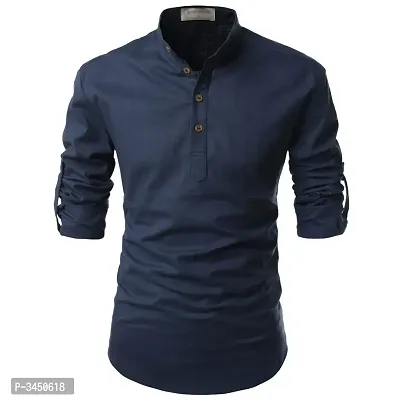 Navy Blue Cotton Solid Casual Shirts For Men