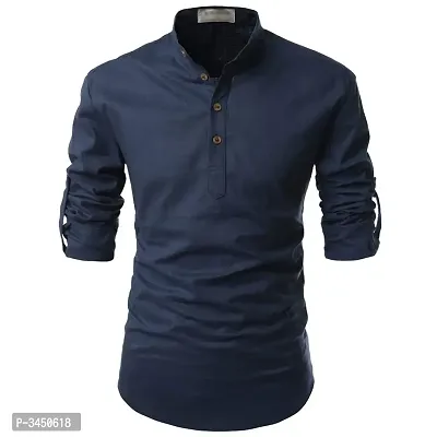 Navy Blue Cotton Solid Casual Shirts For Men-thumb2