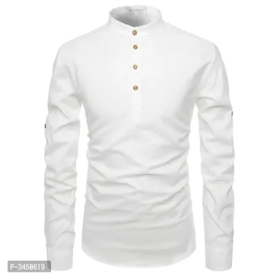 Men's White Cotton Solid Long Sleeves Slim Fit Casual Shirt-thumb3