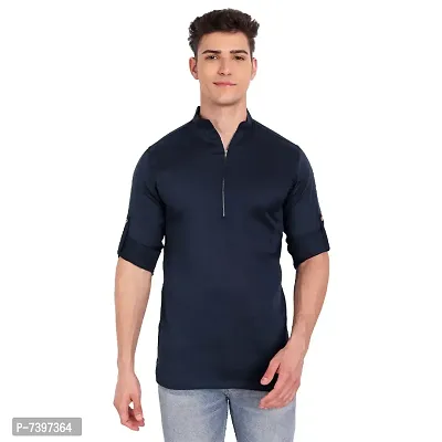 Elegant Navy Blue Cotton Solid Long Sleeves Casual Shirts For Men-thumb0