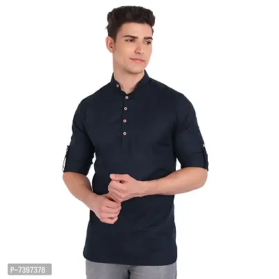 Elegant Navy Blue Cotton Solid Long Sleeves Casual Shirts For Men