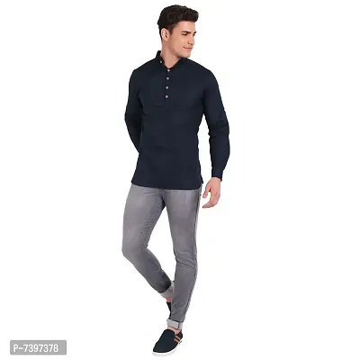 Elegant Navy Blue Cotton Solid Long Sleeves Casual Shirts For Men-thumb5