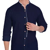 Elegant Navy Blue Cotton Solid Long Sleeves Casual Shirts For Men-thumb1