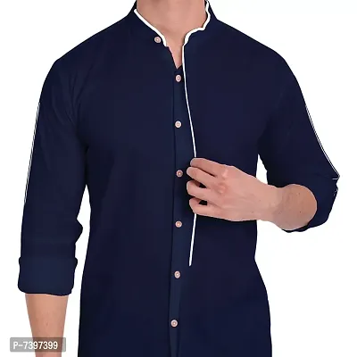 Elegant Navy Blue Cotton Solid Long Sleeves Casual Shirts For Men-thumb2