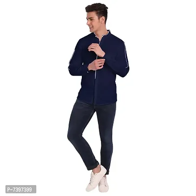 Elegant Navy Blue Cotton Solid Long Sleeves Casual Shirts For Men-thumb5