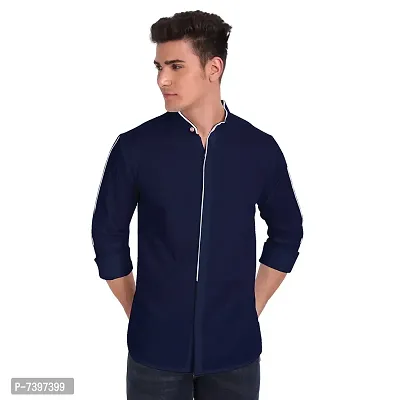 Elegant Navy Blue Cotton Solid Long Sleeves Casual Shirts For Men-thumb4