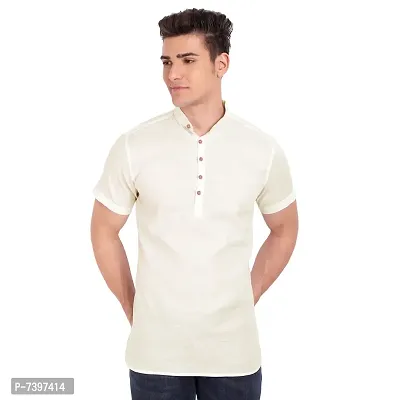 Elegant Beige Cotton Solid Short Sleeves Casual Shirts For Men