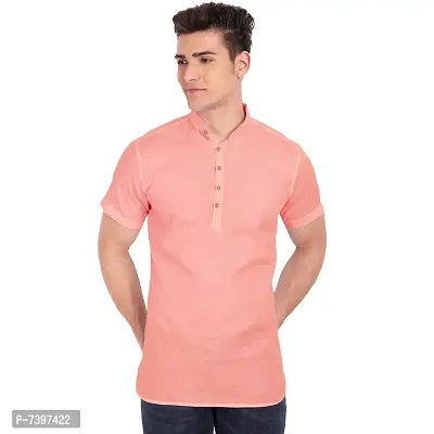 Elegant Peach Cotton Solid Short Sleeves Casual Shirts For Men