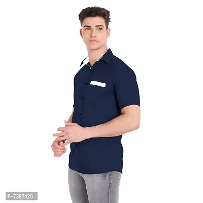 Elegant Navy Blue Cotton Solid Short Sleeves Casual Shirts For Men-thumb3