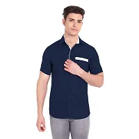 Elegant Navy Blue Cotton Solid Short Sleeves Casual Shirts For Men-thumb1