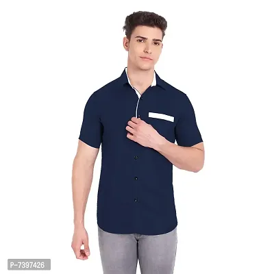 Elegant Navy Blue Cotton Solid Short Sleeves Casual Shirts For Men-thumb2