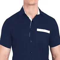 Elegant Navy Blue Cotton Solid Short Sleeves Casual Shirts For Men-thumb4