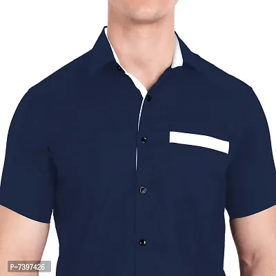 Elegant Navy Blue Cotton Solid Short Sleeves Casual Shirts For Men-thumb5