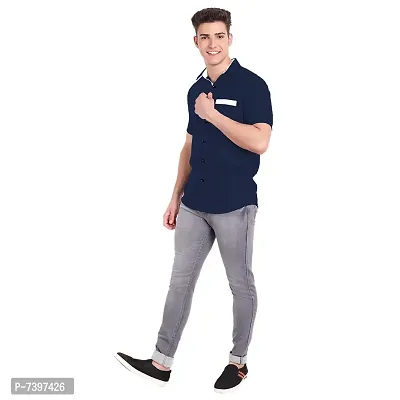 Elegant Navy Blue Cotton Solid Short Sleeves Casual Shirts For Men-thumb0