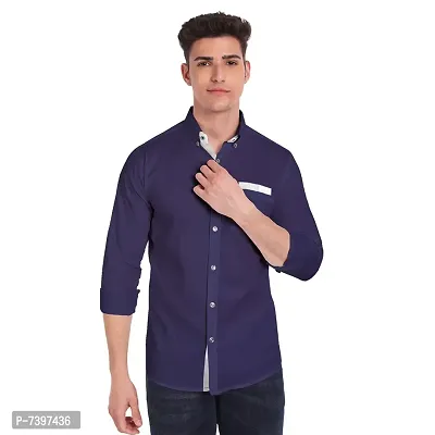 Elegant Navy Blue Cotton Solid Long Sleeves Casual Shirts For Men