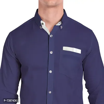 Elegant Navy Blue Cotton Solid Long Sleeves Casual Shirts For Men-thumb4