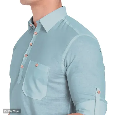 Elegant Turquoise Cotton Solid Long Sleeves Casual Shirts For Men-thumb4