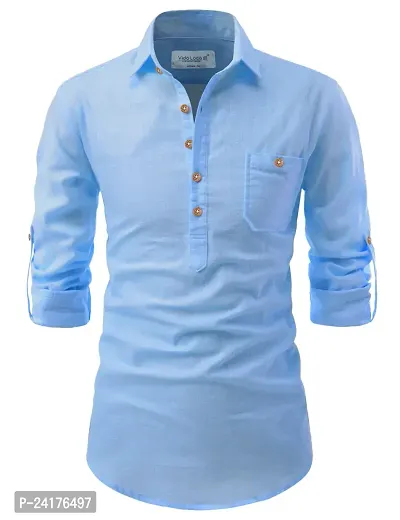 Reliable Blue Cotton Solid Short Length Kurta For Men