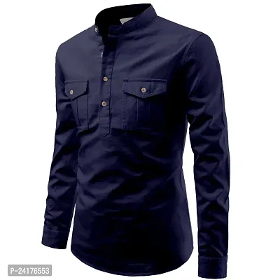 Reliable Navy Blue Cotton Solid Short Length Kurta For Men