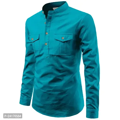 Reliable Turquoise Cotton Solid Short Length Kurta For Men