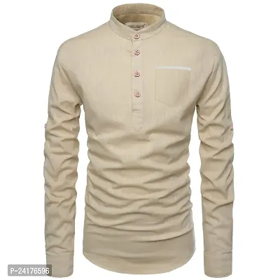 Reliable Beige Cotton Solid Short Length Kurta For Men-thumb3