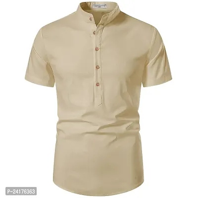 Reliable Beige Cotton Solid Short Length Kurta For Men-thumb0