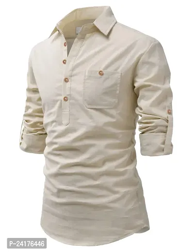 Reliable Beige Cotton Solid Short Length Kurta For Men-thumb0