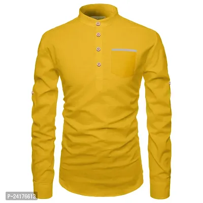 Reliable Yellow Cotton Solid Short Length Kurta For Men-thumb4