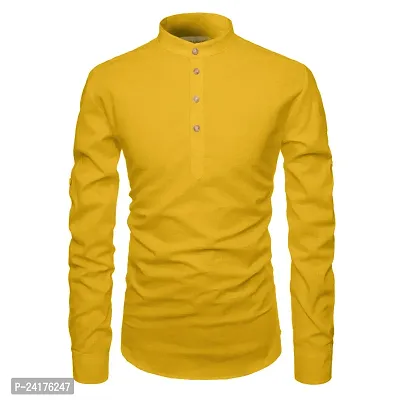 Reliable Yellow Cotton Solid Short Length Kurta For Men-thumb3