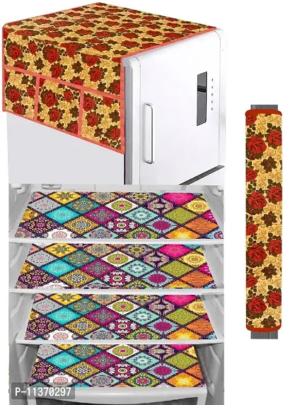 FRC DECOR Black Box Chakri Printed Refrigerator Cover 6 Piece Combo - 1 Decorative Top Cover(39 X 21 Inches) +1 Handle Covers(12 X 6 Inches) + 4 Fridge Mats(11.5 X 17.5 Inches) - Standard Size