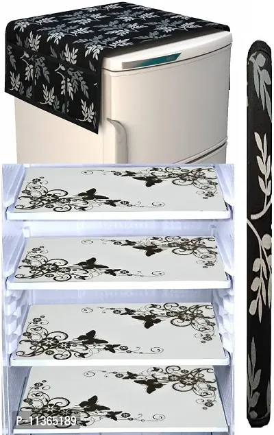 FRC DECOR Black Floral Printed(Butterfly) Refrigerator Cover 6 Piece Combo - 1 Decorative Top Cover(39 X 21 Inches) +1 Handle Covers(12 X 6 Inches) + 4 Fridge Mats(11.5 X 17.5 Inches) - Standard Size