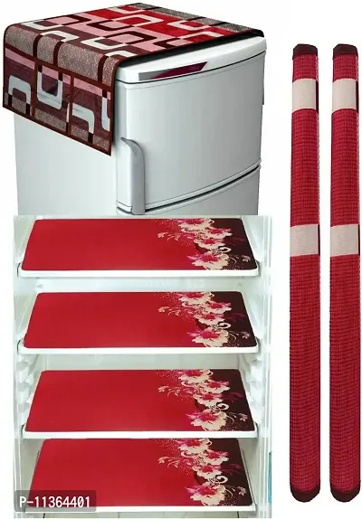 FRC DECOR Red Floral Box Printed Refrigerator Cover 7 Piece Combo - 1 Decorative Top Cover(39 X 21 Inches) +2 Handle Covers(12 X 6 Inches) + 4 Fridge Mats(11.5 X 17.5 Inches) - Standard Size