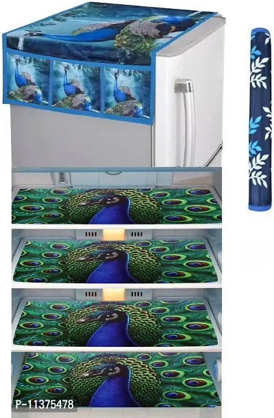 FRC DECOR Full Peacock Printed Refrigerator Cover 6 Piece Combo - 1 Decorative Top Cover(39 X 21 Inches) +1 Handle Covers(12 X 6 Inches) + 4 Fridge Mats(11.5 X 17.5 Inches) - Standard Size-thumb0