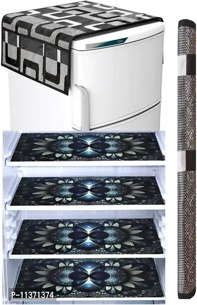 FRC Decor Black Floral Printed(Chakri Mat) Refrigerator Cover 6 Piece Combo - 1 Decorative Top Cover(39 X 21 Inches) +1 Handle Covers(12 X 6 Inches) + 4 Fridge Mats(11.5 X 17.5 Inches) - Standard Size