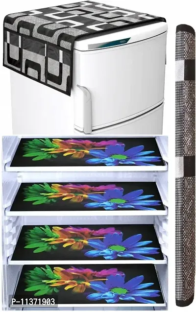 FRC DECOR Black Floral Printed(Flower) Refrigerator Cover 6 Piece Combo - 1 Decorative Top Cover(39 X 21 Inches) +1 Handle Covers(12 X 6 Inches) + 4 Fridge Mats(11.5 X 17.5 Inches) - Standard Size