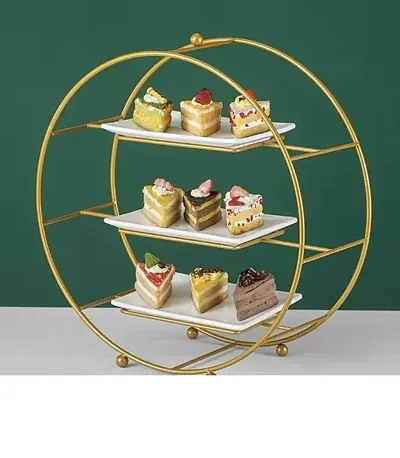 Dish Drainer Kitchen Rack Iron Cake Stand with Ceramic Tray Stainless Steel Dessert Table