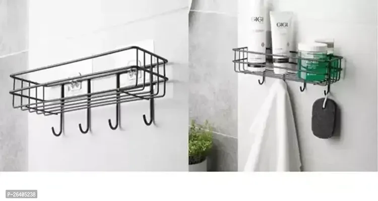 Steel Self -Adhesive Multipurpose Bathroom Shelf With Hooks Towel Holder Rack Bathroom Material Metal