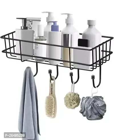 Self Adhesive Metal Kitchen And Bathroom Rack Storage Shelves Shelf Organizer Storage Stainless Steel Wall Shelf With Towel Holder Black Bath Shelves-thumb0