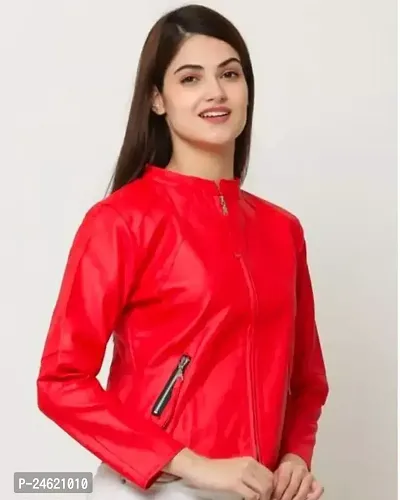 Stylish Red Synthetic Leather Solid Jacket For Women-thumb0