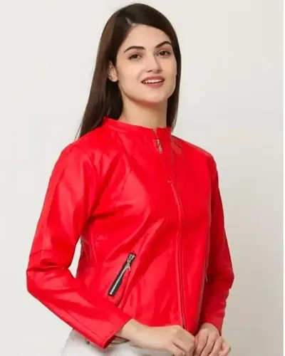 Stylish Red Synthetic Leather Solid Jacket For Women