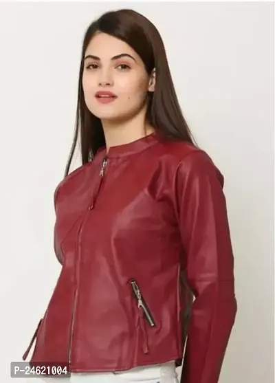 Stylish Maroon Synthetic Leather Solid Jacket For Women-thumb0