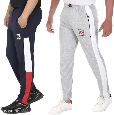 True KINTMAN Regular Fit Plain Cotton Track Pants | Jogger, Lower, Pyjama for Men with Both Side Zipper Pockets (Pack of 2)&(CBN_NVY+LBN_Gry_26)