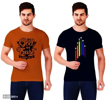 True KNITMEN Printed Round Neck & Half Sleeve Customized/Dry-Fit/T-Shirt for Men/Women T-Shirts (Pack of 2) &(RAINBW NVY GOD V TRST ORNG-M)