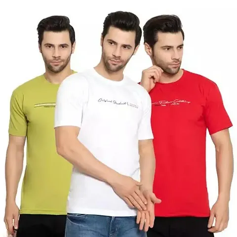 Zeffit Cotton Blend Regular Fit Printed Half Sleeves Men T-Shirt Pack of 3 - Red , Mehndi  White