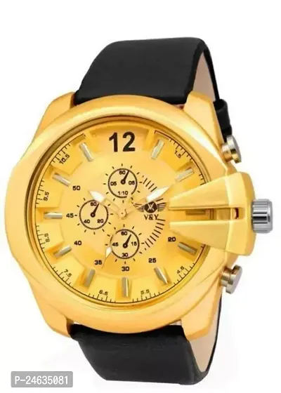 Stylish Golden Synthetic Leather Analog Watches For Men