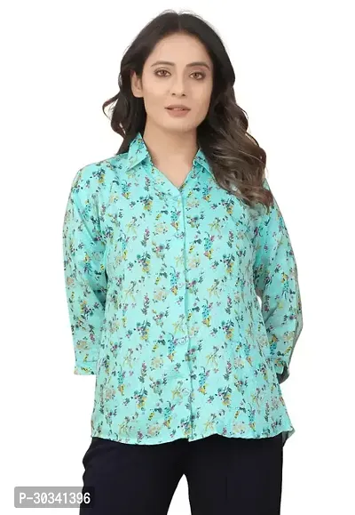 Elegant Blue Cotton Printed Shirt For Women-thumb0