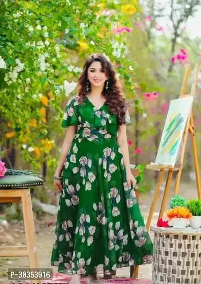 Beautiful Georgette Green Printed Indo-western Gown-thumb0