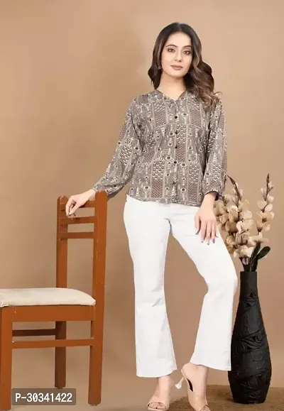 Elegant Brown Crepe Printed Shirt For Women-thumb0